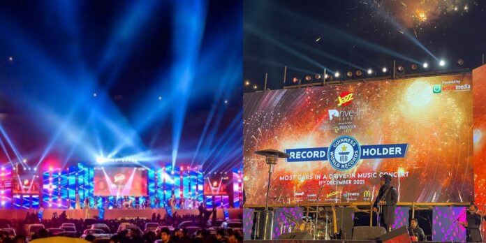 Pakistan's First Drive-in Concert organized by Jazz and Active Media set a new Guinness World Record for most cars in a drive-in concert.