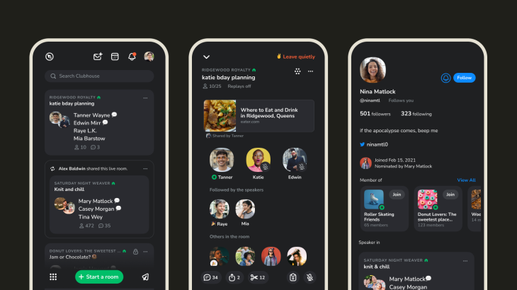 The new dark mode of Clubhouse features a velvety dark background instead of a pitch black background like other social apps.