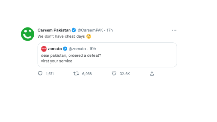 Zomato, and Careem, joined the WT20 meme bandwagon as the arch-rivals played against each other in a crucial world cup game.